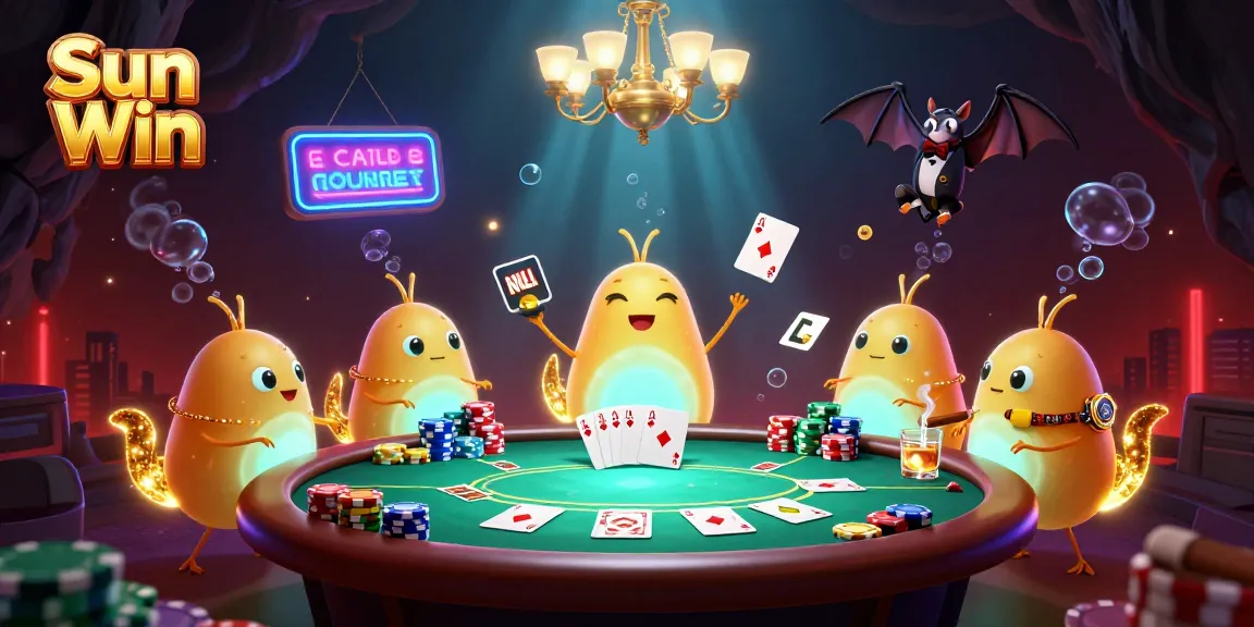Experience the exciting world of Sun Win in this vibrant casino illustration showcasing a dynamic card table and glowing characters.