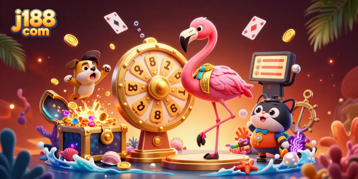Unveil exciting gaming at j188 com with a vibrant illustration of a flamingo host and a thrilling prize wheel.