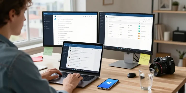 Using the Telegram Web Version on a modern laptop in a bright home office.