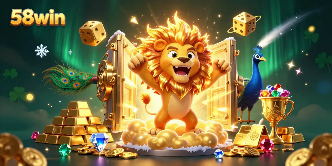 Experience the excitement of 58win with a vibrant 3D casino illustration featuring lucky symbols, treasures, and a playful atmosphere.