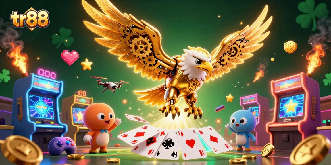 Experience thrilling gameplay at tr88 with a cybernetic golden eagle amidst colorful casino elements.