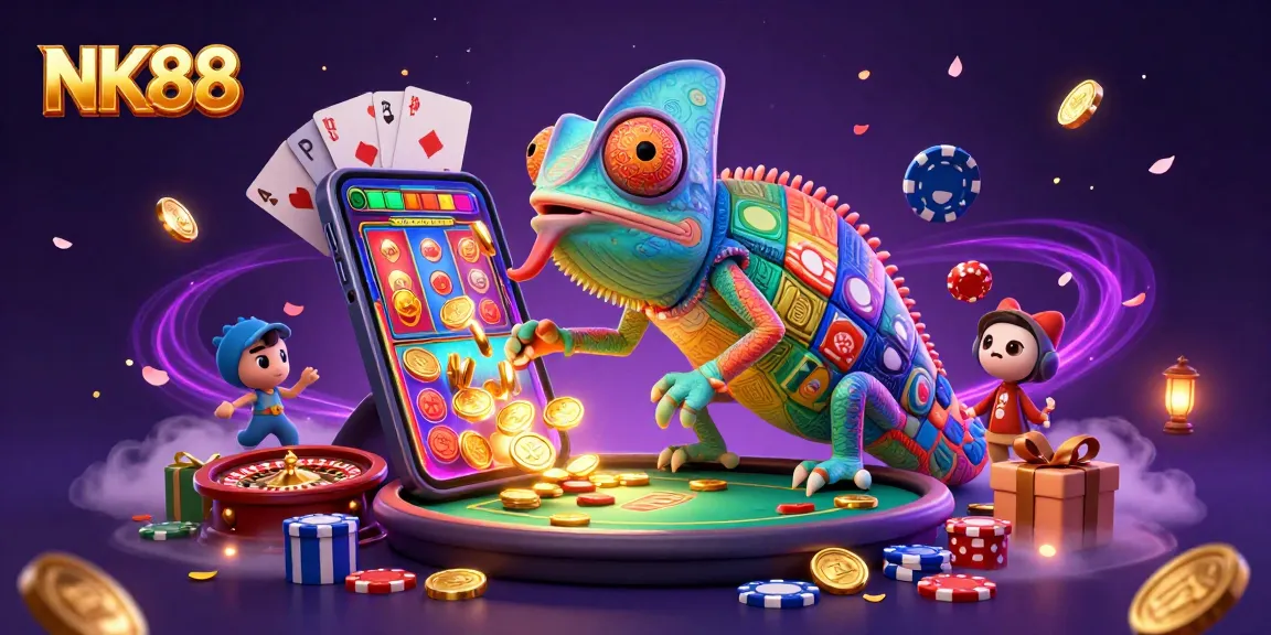 Experience exciting slots and games at NK88, where the dynamic casino chameleon engages with vibrant gaming elements.
